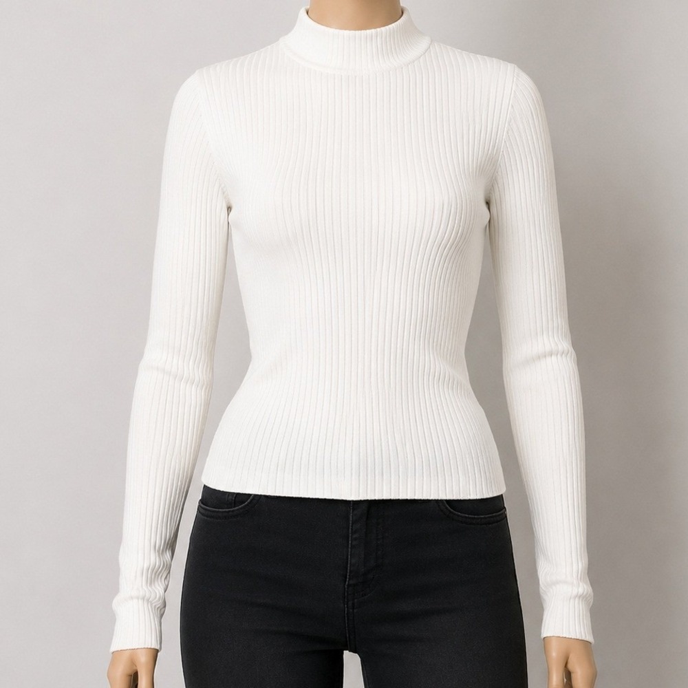 H&M Divided Women Sweater White Ribbed Knit Turtleneck Slim‎ Fit S